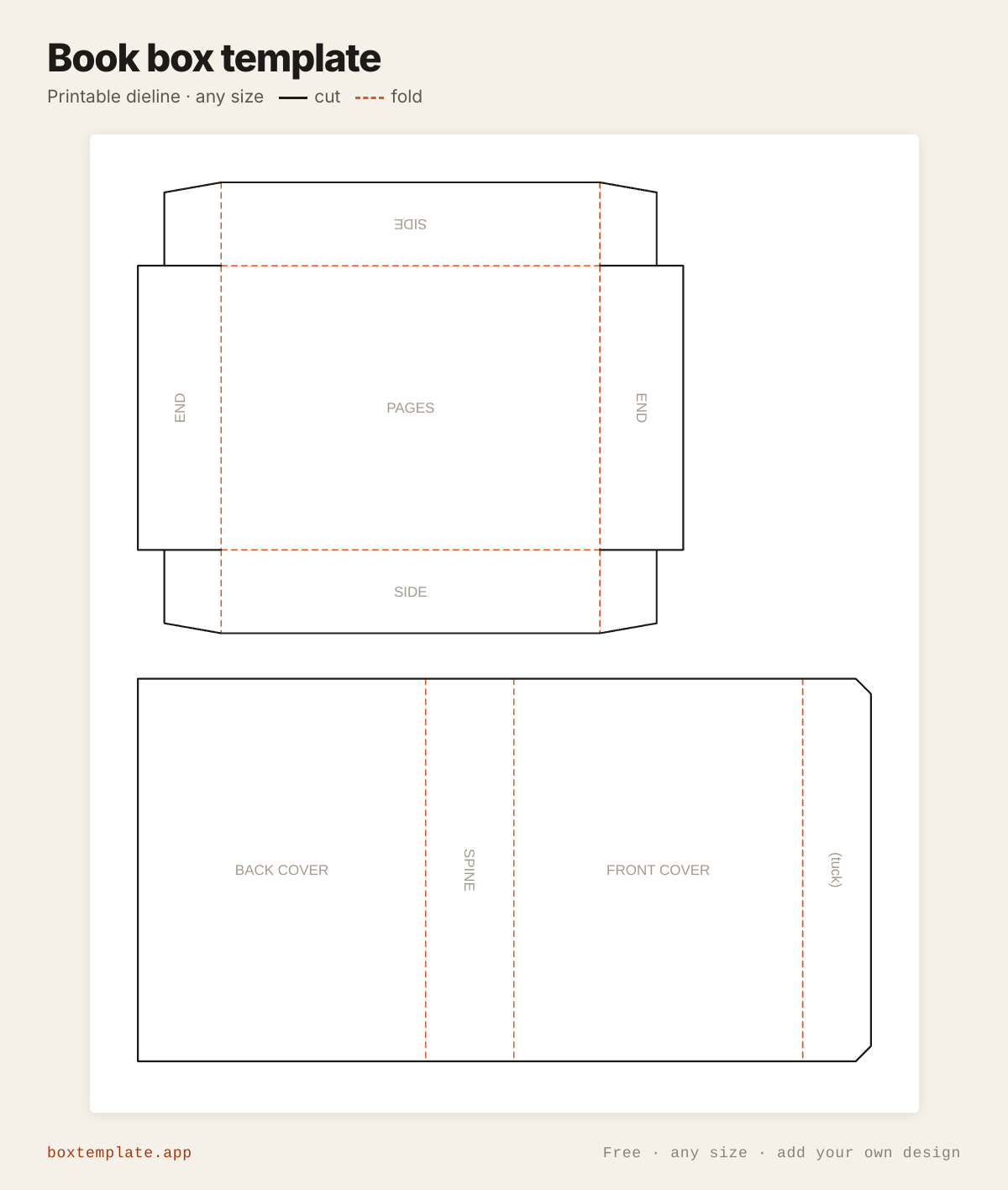 Book box template — free printable dieline with cut and fold lines, any size