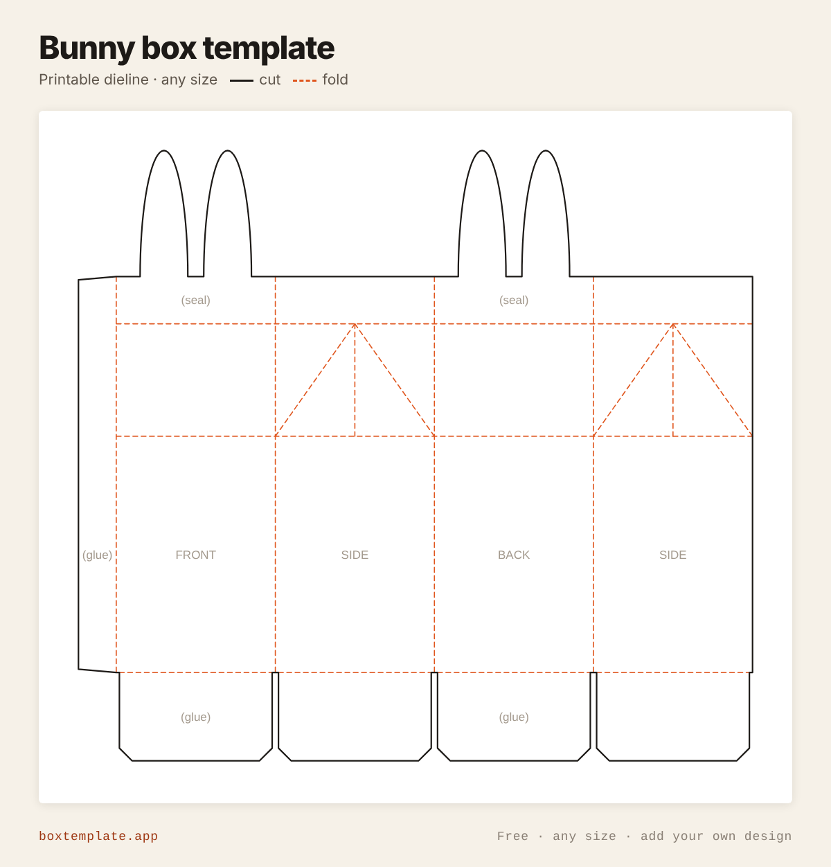 Bunny box template — free printable dieline with cut and fold lines, any size