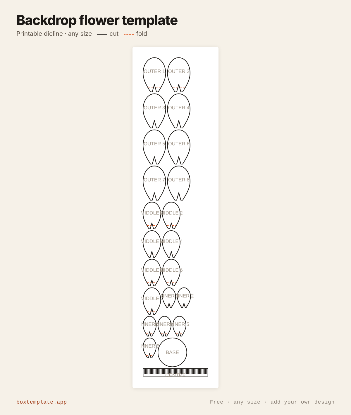 Backdrop flower template — free printable dieline with cut and fold lines, any size