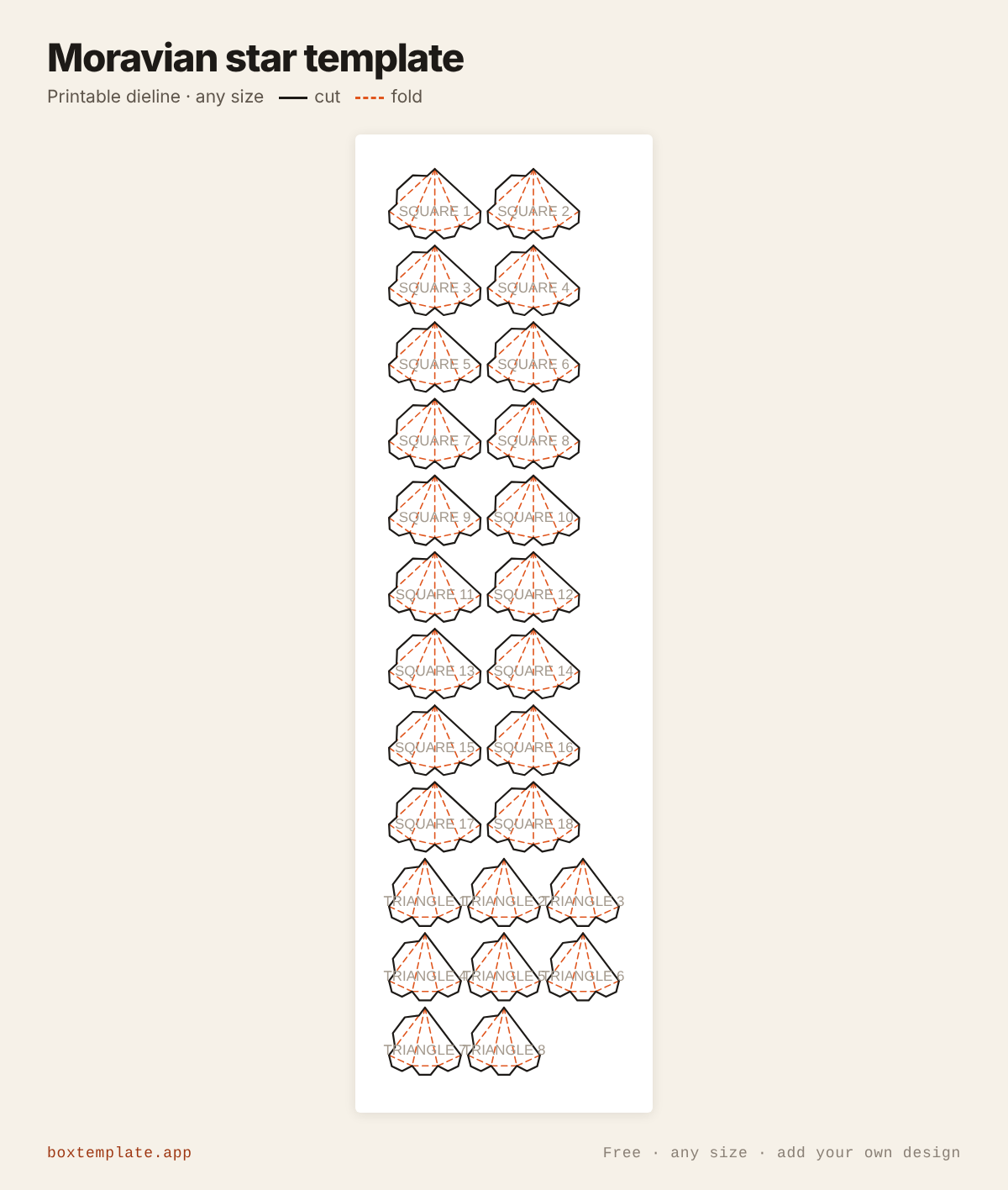 Moravian star template — free printable dieline with cut and fold lines, any size