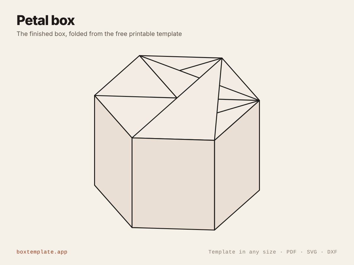 Petal box folded up from the template — the finished box