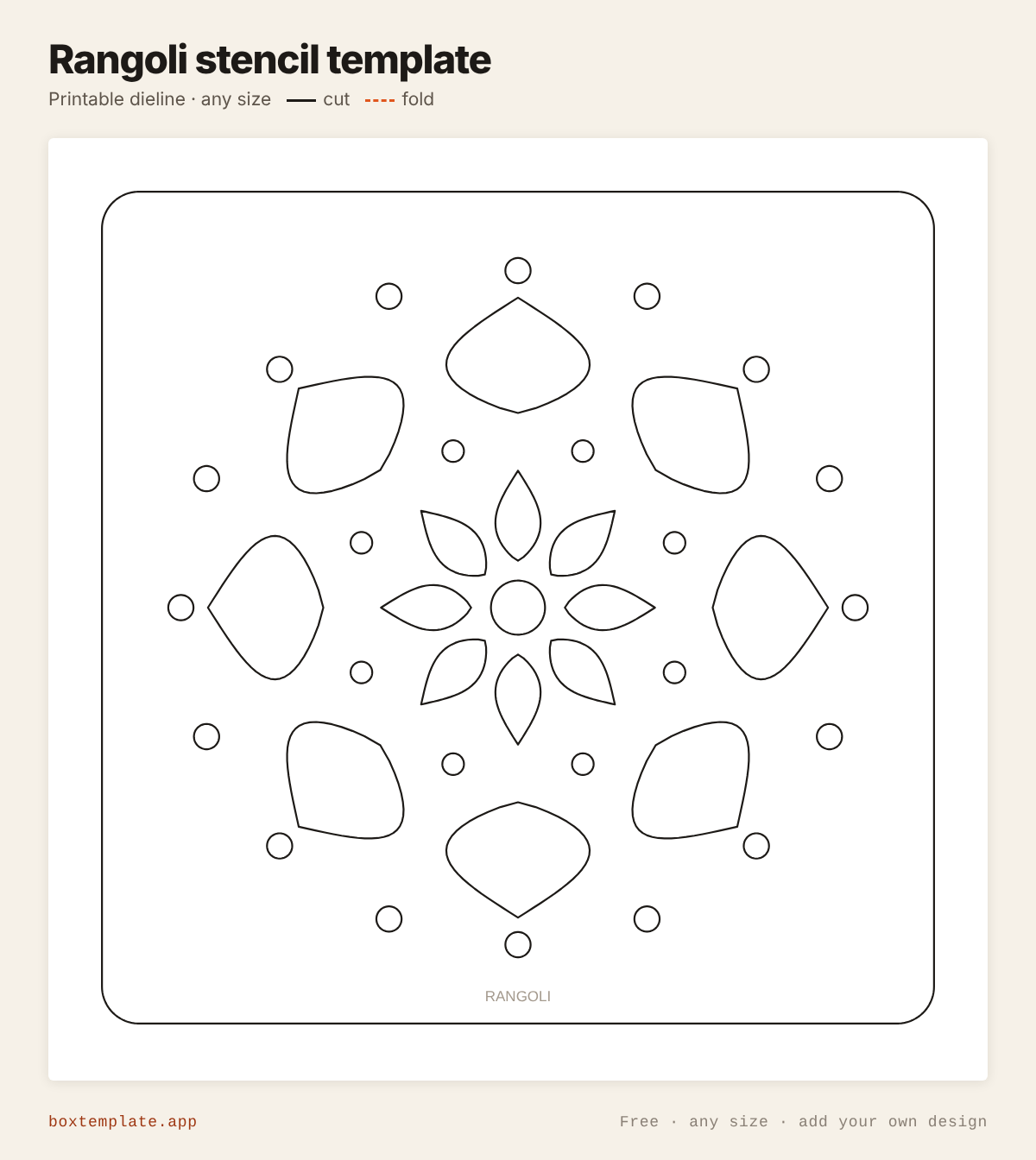 Rangoli stencil template — free printable dieline with cut and fold lines, any size